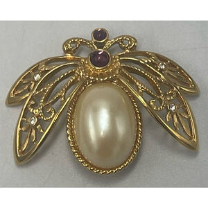 Avon Natures Flight Gold Tone Faux Pearl Insect Brooch Pin Fly Bug Rhinestone
